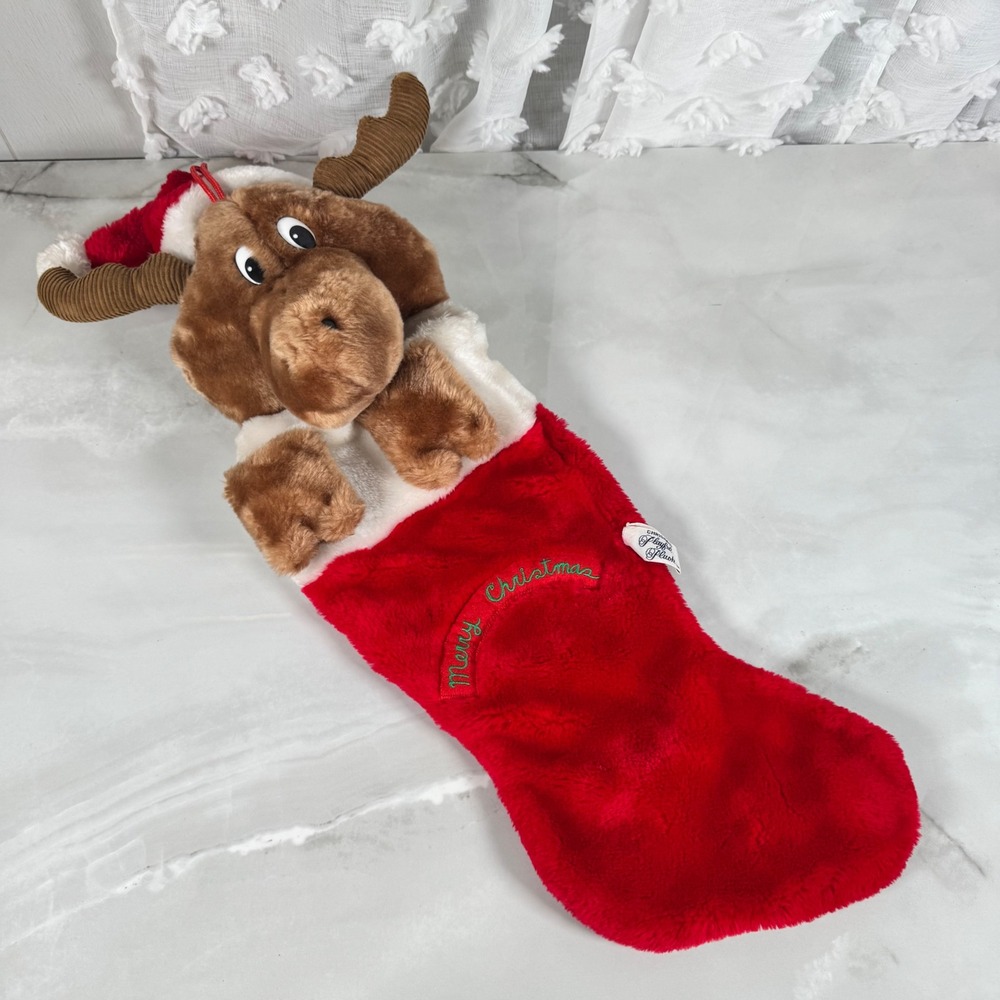 1988 Chrisha Playful Plush Moose Christmas Stocking Reindeer Moose in‎ Santa Hat